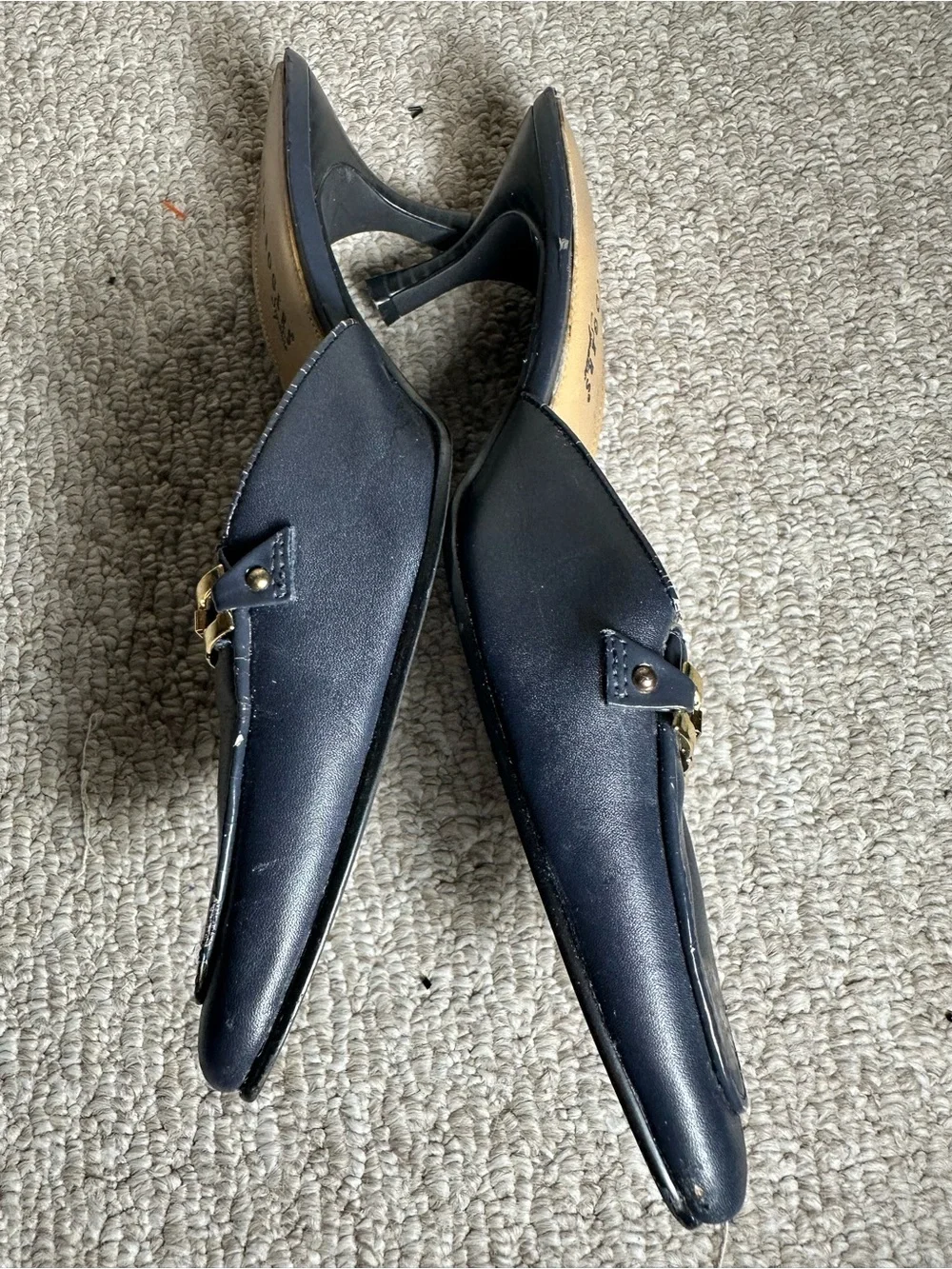 Kim Rogers Navy Pointed-Toe Kitten Heel Mules with Gold Chain Accent